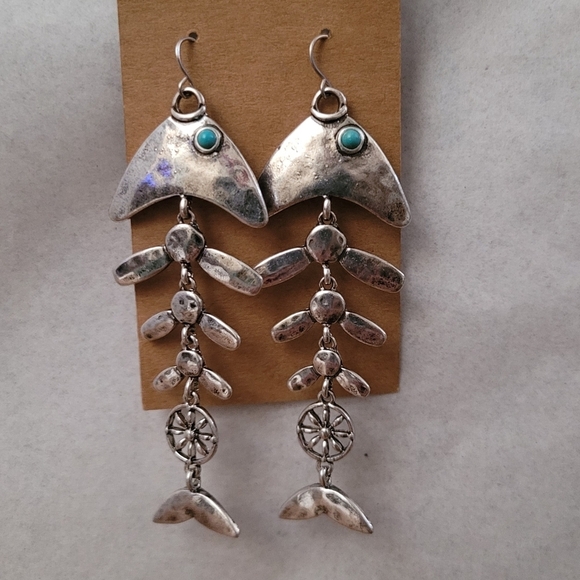 Vintage Inspired Boho Fish Bone Dangle Earrings With Turquoise Accents - Picture 11 of 13